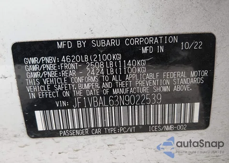 2022 Subaru Wrx Limited z USA, uszkodzony, nr VIN JF1VBAL63N9022539